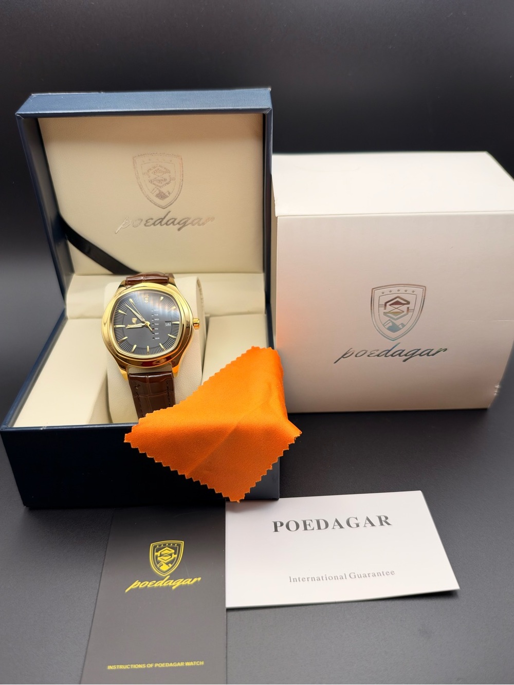 Poedagar Men's Gold-Tone Case Watch with Brown Leather Strap and Blue Dial